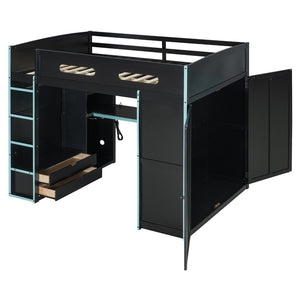 English Elm Full Size Gaming Loft Bed with Rgb Lighting Desk Wardrobe and Built-in Storage Blue LT100261AAC