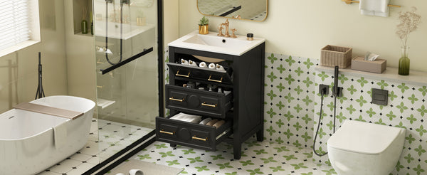 English Elm 24'' Bathroom Vanity with Ceramic Sink and 3 Drawers Retro Solid Wood Frame Freestanding Storage Black N710P371184B