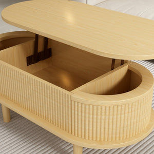 English Elm Fluted Oval Lift Top Coffee Table with Hidden Storage Mid-century Modern Living Room Natural Wood W2641P384387