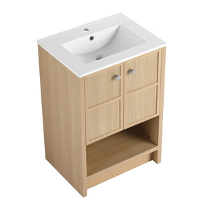 English Elm 24" Freestanding Bathroom Vanity with Ceramic Sink, Oak Finish, 2 Soft-Closing Doors, Open Shelf Storage W1972S00023
