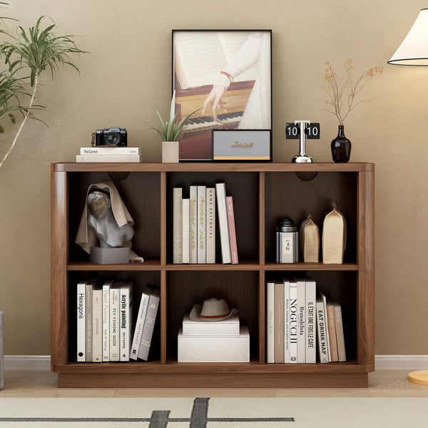 English Elm 6 Cube Farmhouse Bookcase Low Horizontal Wood Shelf Walnut Finish for Living Room W2641P460042