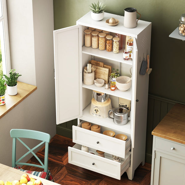 English Elm 72 White Steel Pantry Cabinet with 2 Drawers, Adjustable Shelves, Anti-Tip, Ventilated Durable Organizer T2398P350190