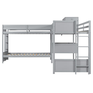 English Elm Twin L-shaped Bunk Bed Pine Wood Corner Design with Desk Drawers and Usb Charging Gray N820S00079E
