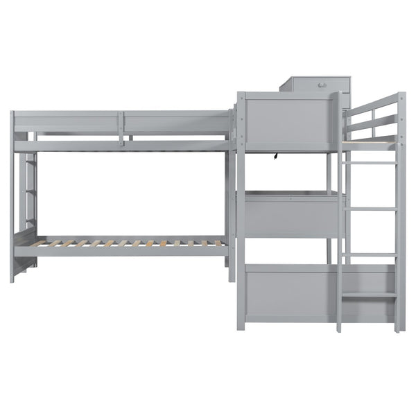 English Elm Twin L-shaped Bunk Bed Pine Wood Corner Design with Desk Drawers and Usb Charging Gray N820S00079E