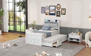 English Elm Twin Storage Bed with Headboard Outlets, Extendable Trundle & 3 Drawers, Durable MDF/Plywood Design White 80.5 L x 17.75 W x 5.25 H N733S172839K