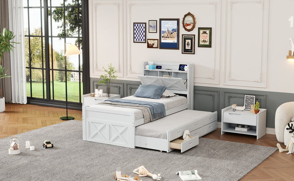 English Elm Twin Storage Bed with Headboard Outlets, Extendable Trundle & 3 Drawers, Durable MDF/Plywood Design White 80.5 L x 17.75 W x 5.25 H N733S172839K