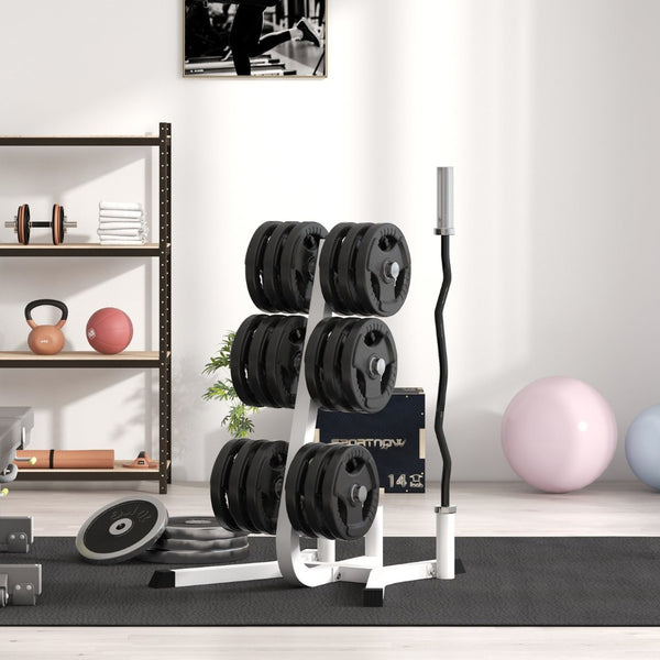 English Elm Soozier Olympic Weight Tree with Six Plate Posts Three Bar Holders Steel Frame Gym White W2225P217796