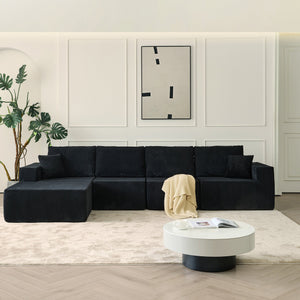 English Elm 139.3" Modular Sectional Sofa - Cloud-Like Boneless Corduroy Couch with Ottoman, 2 Pillows, No Assembly Black W2656S00007