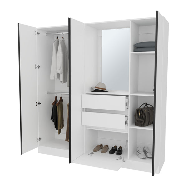 English Elm Canyon Modern Wardrobe Organizer with Mirror, Double Hanging Rods, Drawers & Open Shelves White B128S00180