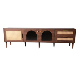 English Elm 70 Inch Rattan Media Console with Led Lighting Two Drawers Glass Storage Modern Living Room N710P396852P