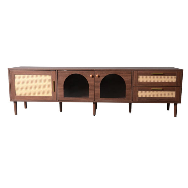 English Elm 70 Inch Rattan Media Console with Led Lighting Two Drawers Glass Storage Modern Living Room N710P396852P