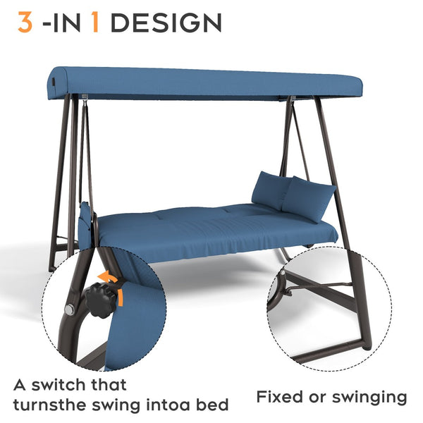 English Elm 3-in-1 Outdoor Hanging Swing Bed Steel Frame 600 Lb Capacity Adjustable Canopy Patio Lounger Blue W3979P393032