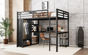 English Elm Queen Size Loft Bed Frame With Integrated Wardrobe, Desk & Shelves - Space-Saving Black Design W1580S00105-GIGA