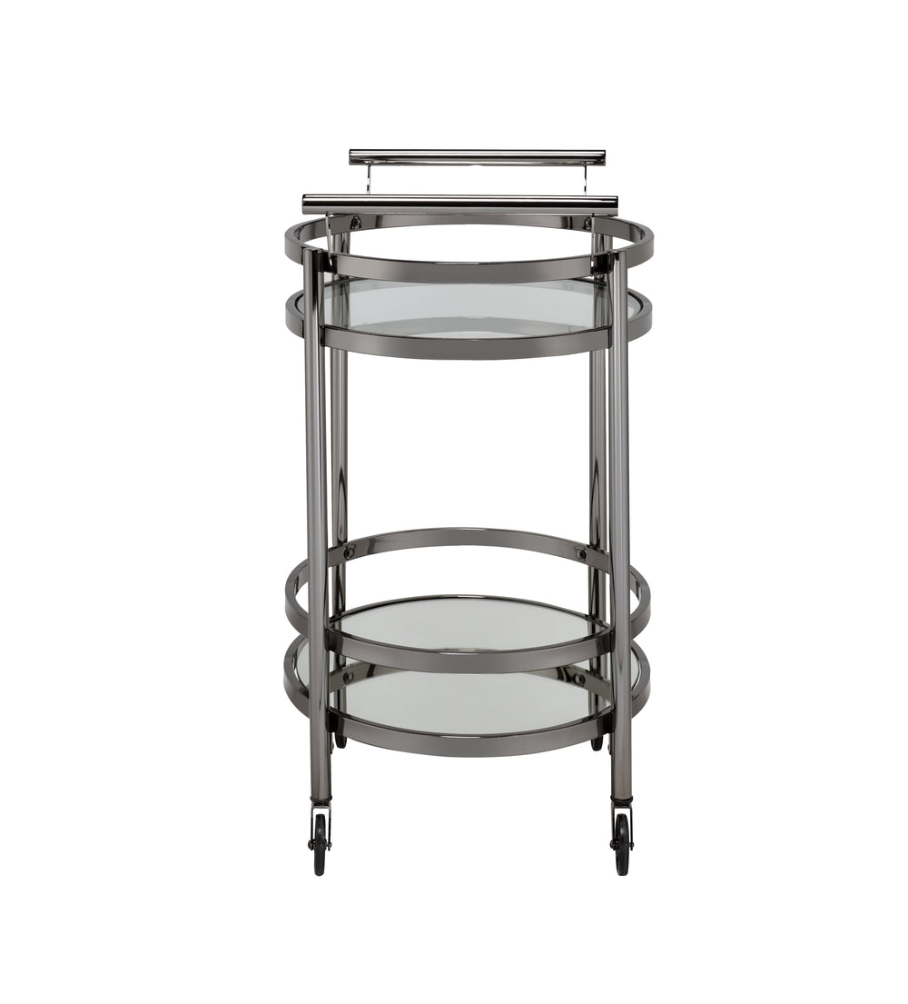 English Elm Lakelyn Oval Clear Tempered Glass Serving Cart with Black Nickel Frame, Mirror Base & Casters - Stylish Mobile Bar Cart, 25"x19" Shelves B2726P296468
