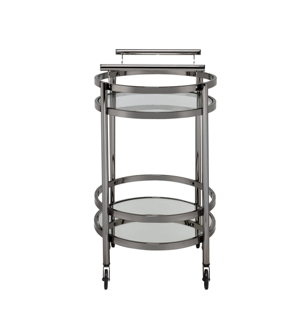 English Elm Lakelyn Oval Clear Tempered Glass Serving Cart with Black Nickel Frame, Mirror Base & Casters - Stylish Mobile Bar Cart, 25"x19" Shelves B2726P296468