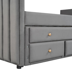 English Elm Twin Upholstered Daybed with Pull-Out Trundle and 3 Drawers, Velvet Finish, Solid Frame, Slat Kit Included Gray SF000147AAE