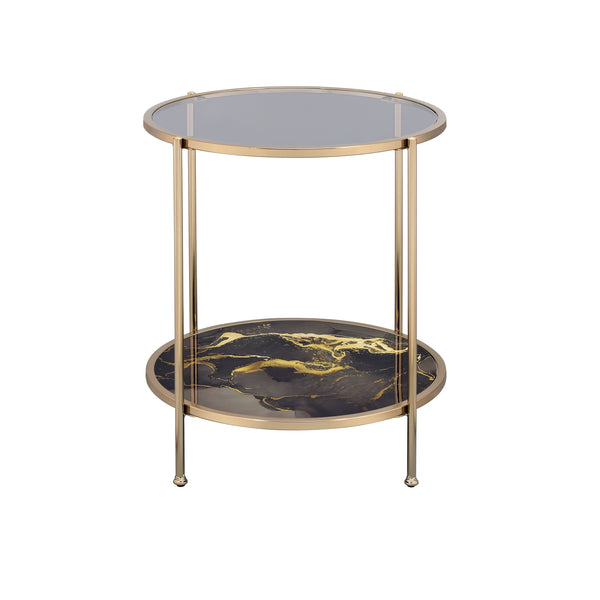 English Elm Fiorella Metal Frame Coffee Table with Glass Top and Champagne Finish, Marbled Lower Shelf Accent Black 29 L x 26 W x 6 H B2726P251674