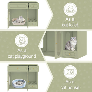 English Elm Cat Litter Box Cabinet with Led Lighting Acrylic Doors and Drawer Storage End Table Green N704P402444F