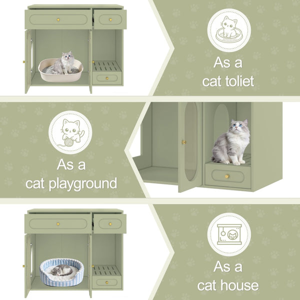 English Elm Cat Litter Box Cabinet with Led Lighting Acrylic Doors and Drawer Storage End Table Green N704P402444F