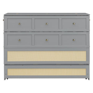 English Elm Full Size Murphy Wall Bed Cabinet with Rattan Panel Detailing and Storage Drawers Gray N708P336203E
