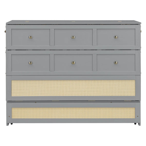 English Elm Full Size Murphy Wall Bed Cabinet with Rattan Panel Detailing and Storage Drawers Gray N708P336203E