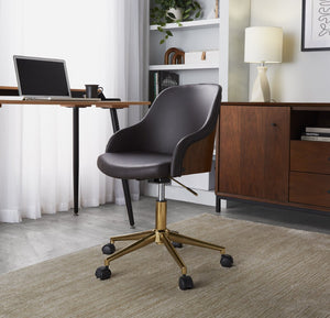English Elm Office Chair with Walnut Frame Gold Base and Brown Faux Leather Mid-century Swivel B202P474167