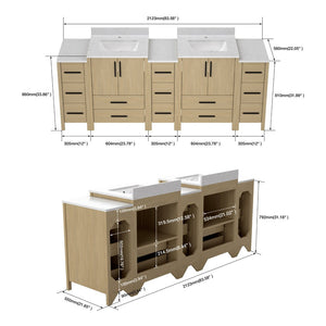 English Elm 108"w×22"d×34"h Freestanding Double Sink Vanity with White Countertop Soft Close T3785S00005
