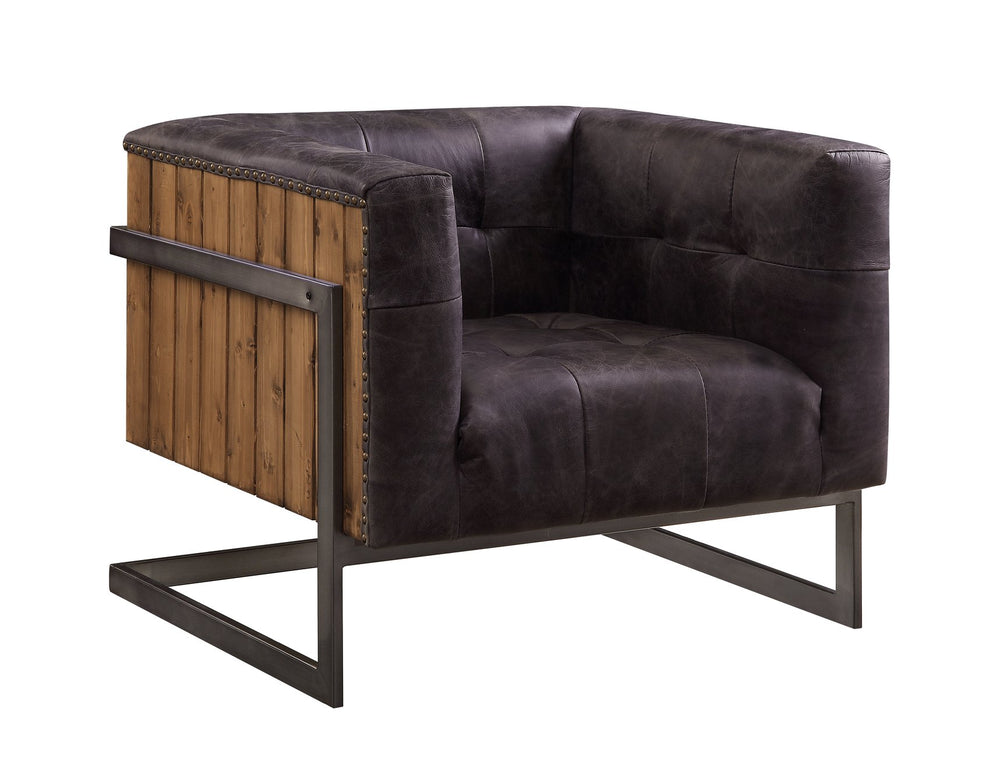 English Elm Antique Tufted Accent Chair in Ebony Leather with Nailhead Trim, Rustic Oak Frame & Metal Sled Legs B062P209163