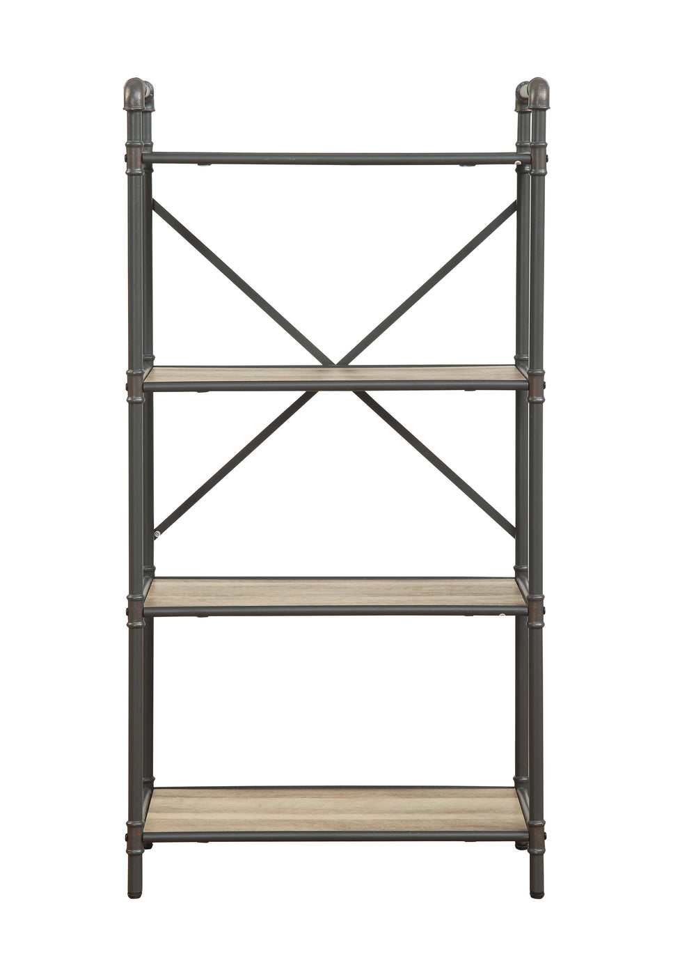 English Elm Itzel 4-Tier Antique Oak & Sandy Gray Bookshelf – Open Back Metal Frame, Fixed Wooden Shelves, 23.5" x13.2" B2726P282914