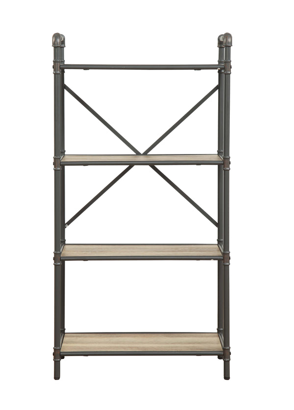 English Elm Itzel 4-Tier Antique Oak & Sandy Gray Bookshelf – Open Back Metal Frame, Fixed Wooden Shelves, 23.5" x13.2" B2726P282914