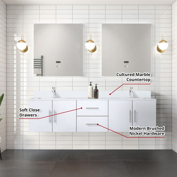 English Elm Glossy White Double Bath Vanity 72" W with Cultured Marble Top, Chrome Faucet, 30" LED Mirrors, Durable Finish B2731S01097