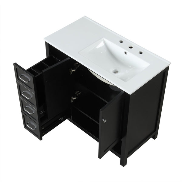 English Elm 36" Freestanding Bathroom Vanity Solid Wood Mdf Cabinet Ceramic Undermount Sink Open Shelf Black N725P364203B