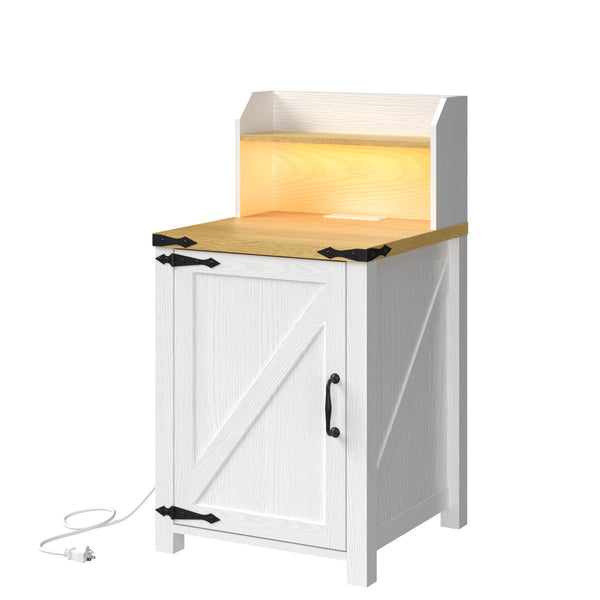 English Elm OKD Farmhouse Nightstand with Built-In Charging Station, Barn Door Accent, Adjustable Storage Shelf and Sturdy Frame White W1550P311284