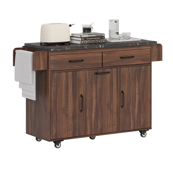 English Elm K&K Kitchen Island with Tilt-Out Trash Can, Drop Leaf Counter, Adjustable Shelf, Rolling Cart Walnut Brown WF326381AAZ