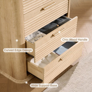 English Elm 6 Drawer Tall Fluted Chest with Waveform Fronts Slim Wooden Storage for Modern Bedroom Oak T5326P425094