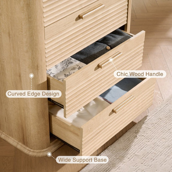 English Elm 6 Drawer Tall Fluted Chest with Waveform Fronts Slim Wooden Storage for Modern Bedroom Oak T5326P425094