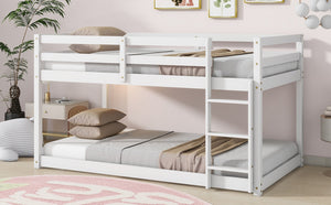 English Elm Solid Rubberwood Twin-Over-Twin Floor Bunk Bed With Ladder, Sturdy Slats & Stylish White Finish W504P191666-GIGA