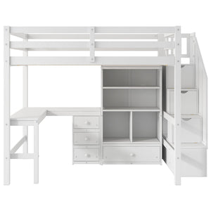 English Elm Full Full Size Loft Bed with L-Shaped Desk, Drawers, Cabinet and Staircase Storage for Space-Saving Rooms White GX000469AAK