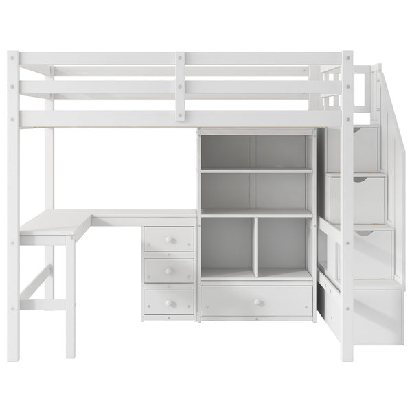 English Elm Full Full Size Loft Bed with L-Shaped Desk, Drawers, Cabinet and Staircase Storage for Space-Saving Rooms White GX000469AAK