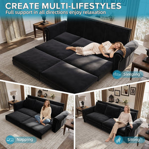 English Elm Chesterfield Velvet King Sleeper Sofa with Nailhead Trim and Rolled Arms for Living Room W1885S00314