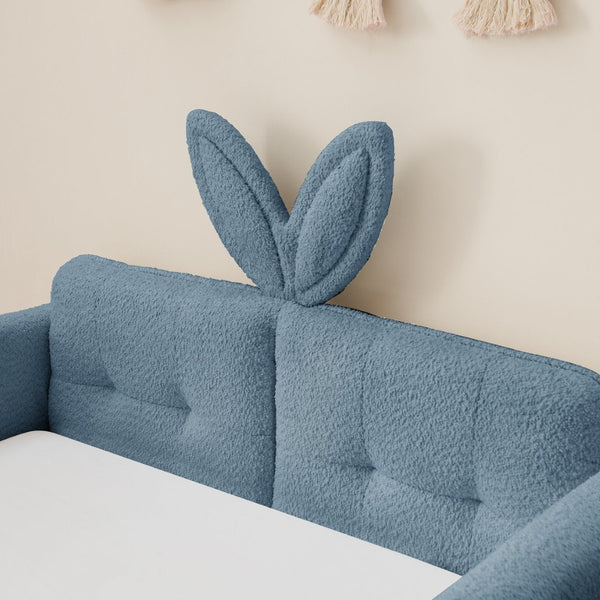 English Elm Twin Boucle Upholstered Kids Bed Whimsical Rabbit Ear Headboard with Safety Rail Sky Blue W1413P407487