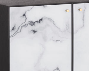 Sunpan Cordero Sideboard: Modern Acacia Wood Beauty with Marble Design, Antique Brass Legs & 4 Cabinets