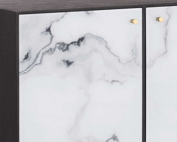 Sunpan Cordero Sideboard: Modern Acacia Wood Beauty with Marble Design, Antique Brass Legs & 4 Cabinets