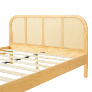 English Elm Queen Solid Pine Bed Frame with Woven Rattan Headboard for Coastal Boho Bedrooms N758Q465253N