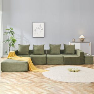 English Elm L-shaped Modular Sectional with Ottoman Corduroy Upholstery Four Seat Living Room Sofa Green W2699S00083