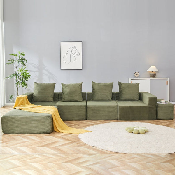 English Elm L-shaped Modular Sectional with Ottoman Corduroy Upholstery Four Seat Living Room Sofa Green W2699S00083