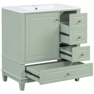 English Elm Christopher Knight Home® - 30" Freestanding Bathroom Vanity with Ceramic Sink, Soft-Close Door, Gold Knobs & 3 Drawers, Durable Painted Finish Light Green N759P225994G
