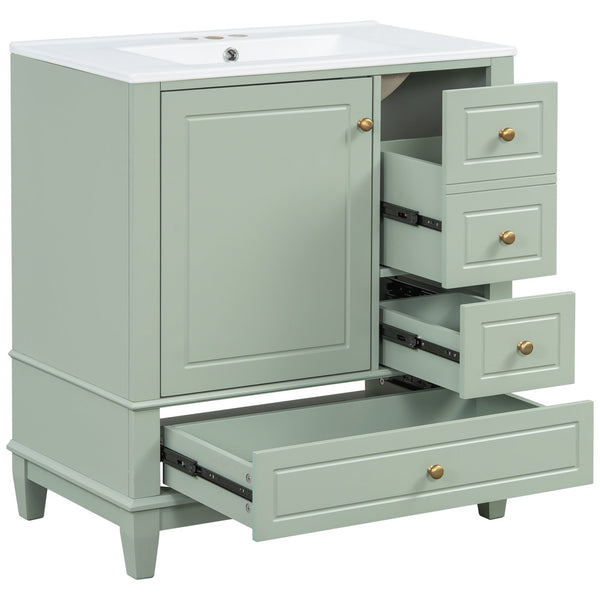 English Elm Christopher Knight Home® - 30" Freestanding Bathroom Vanity with Ceramic Sink, Soft-Close Door, Gold Knobs & 3 Drawers, Durable Painted Finish Light Green N759P225994G