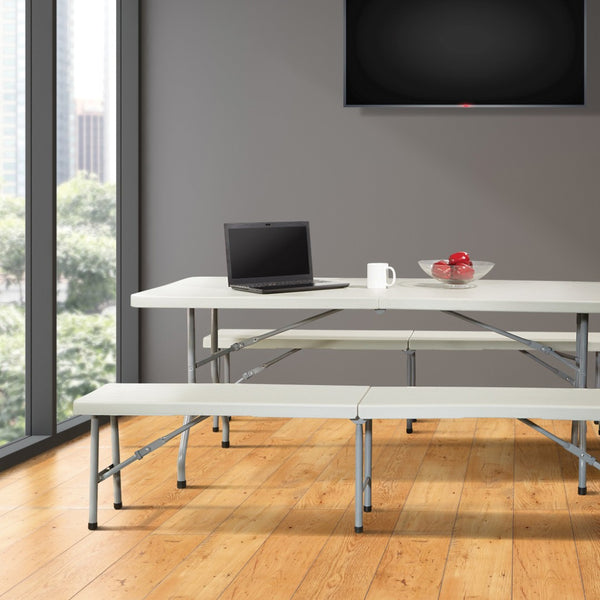 OSP Home Furnishings 3 Piece Folding Table Bench Set Resin Top Steel Frame Portable Outdoor Picnic QT3965