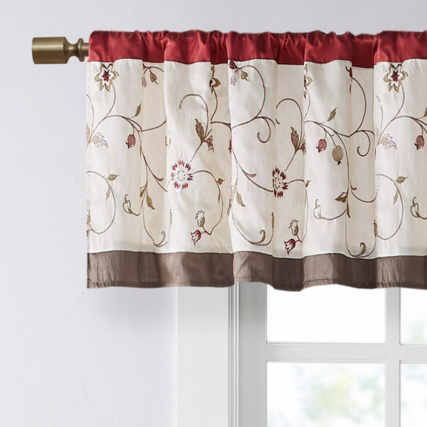 JLA Home Madison Park - Embroidered Window Valance with Floral Stitching, Lined Pleated Design Filters Light for Elegance Red MP41-1532